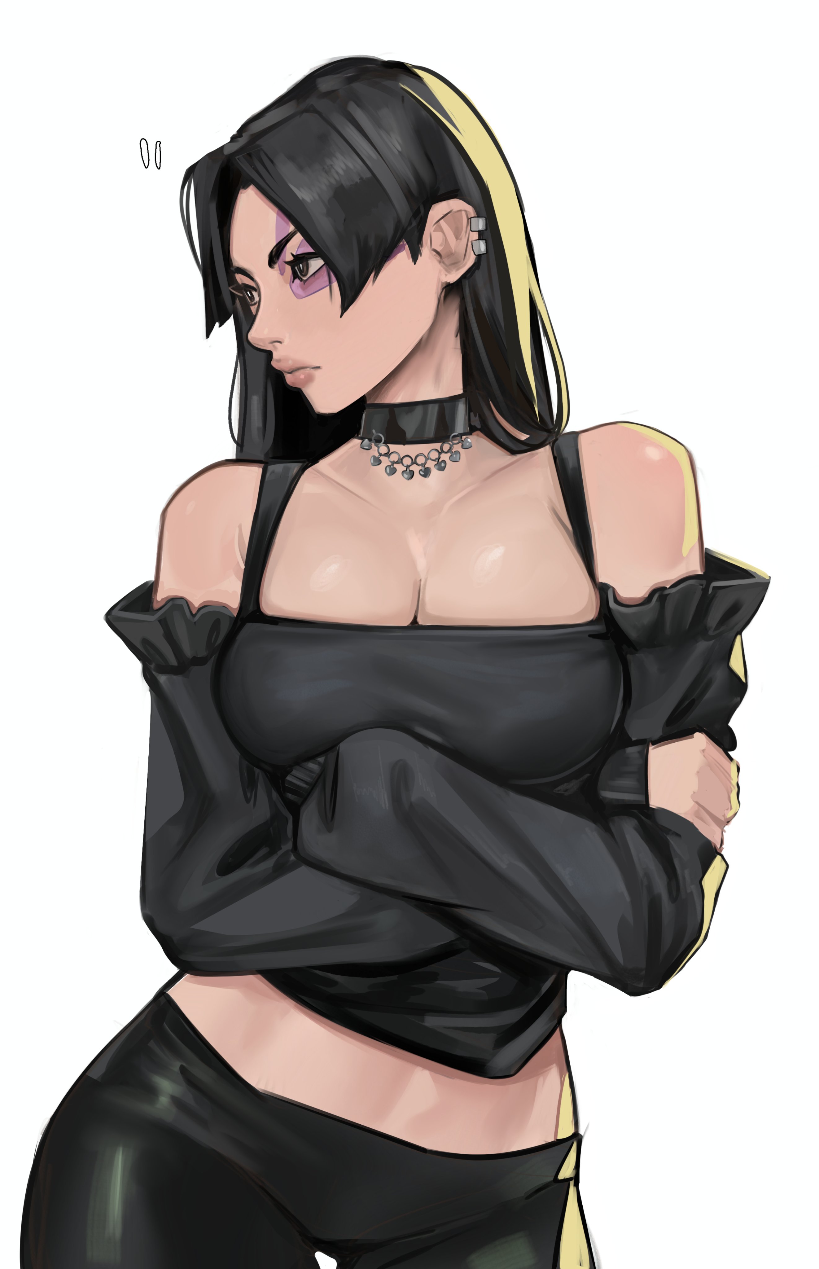 vile (vile jp), psylocke, psylocke (vengeance), marvel, marvel rivals, x-men, absurdres, highres, 1girl, black hair, breasts, collar, large breasts, long hair, pants, purple eyes, simple background, solo, white background