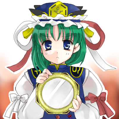 coco (artist), shiki eiki, touhou, lowres, 1girl, blouse, blue eyes, blue hat, female focus, gradient background, green hair, hat, mirror, orange background, shirt, solo, white background, white shirt