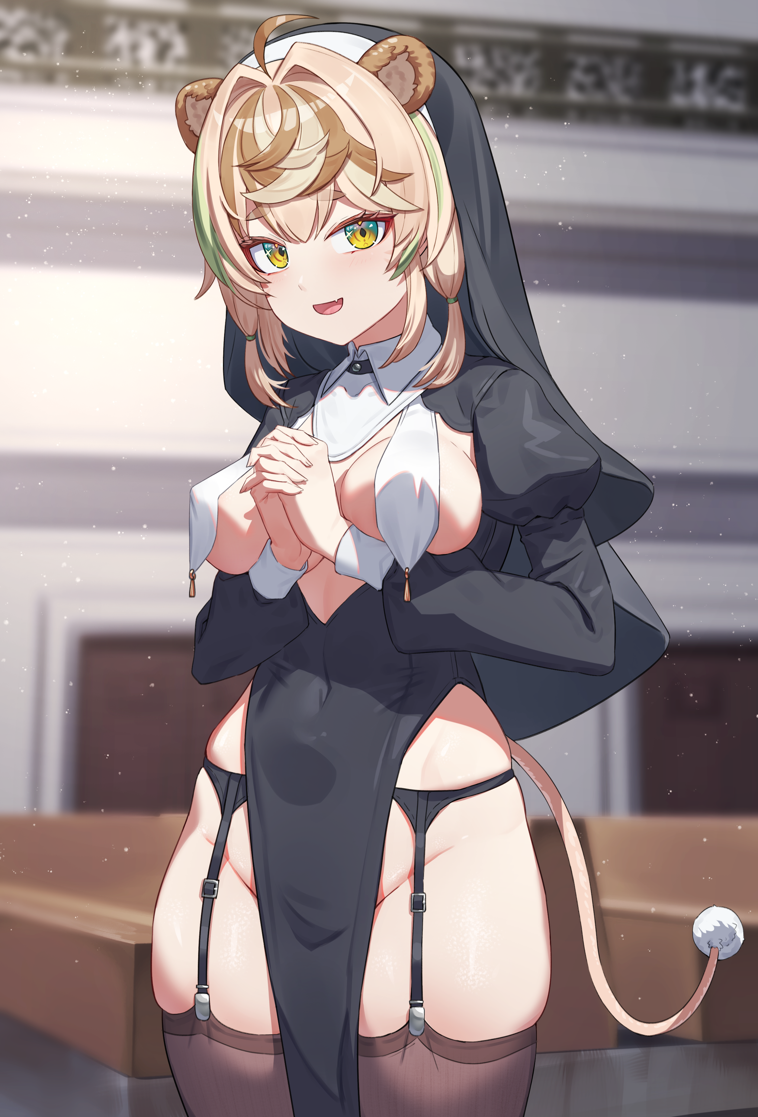 arpeggio kaga, daisy dandelion, chromashift, absurdres, highres, second-party source, 1girl, ahoge, alternate costume, animal ears, black dress, black veil, blonde hair, breastless clothes, breasts, brown streaks, brown thighhighs, church, covered erect nipples, dress, fang, garter belt, garter straps, green eyes, green streaks, indoors, interlocked fingers, juliet sleeves, large breasts, lion ears, lion girl, lion tail, long sleeves, looking at viewer, multicolored hair, no panties, nun, open mouth, own hands clasped, own hands together, pelvic curtain, praying, puffy sleeves, skin fang, solo, standing, streaked hair, tail, thighhighs, veil, virtual youtuber
