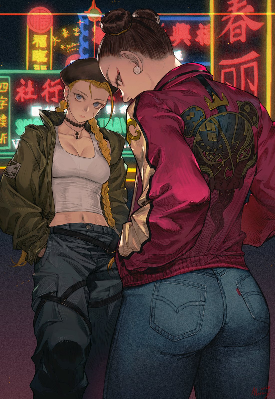 morry, cammy white, chun-li, capcom, street fighter, highres, 2girls, ass, blonde hair, blue eyes, braid, breasts, brown eyes, brown hair, denim, green jacket, hands in pockets, jacket, jeans, multiple girls, neon lights, open clothes, open jacket, pants, scar, scar on face, twin braids