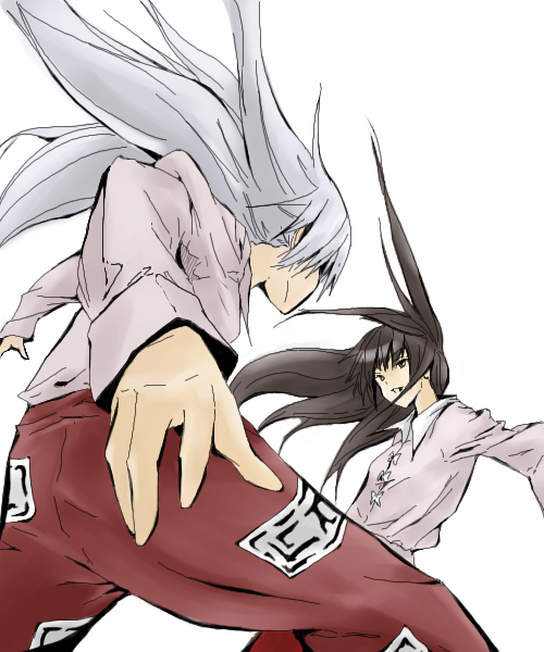 kajiki, fujiwara no mokou, houraisan kaguya, touhou, 2girls, :d, black hair, brown eyes, confrontation, female focus, floating hair, from behind, from below, grey hair, long hair, long sleeves, looking at another, multiple girls, oekaki, ofuda, open mouth, outstretched arms, pants, red pants, shirt, simple background, smile, white background