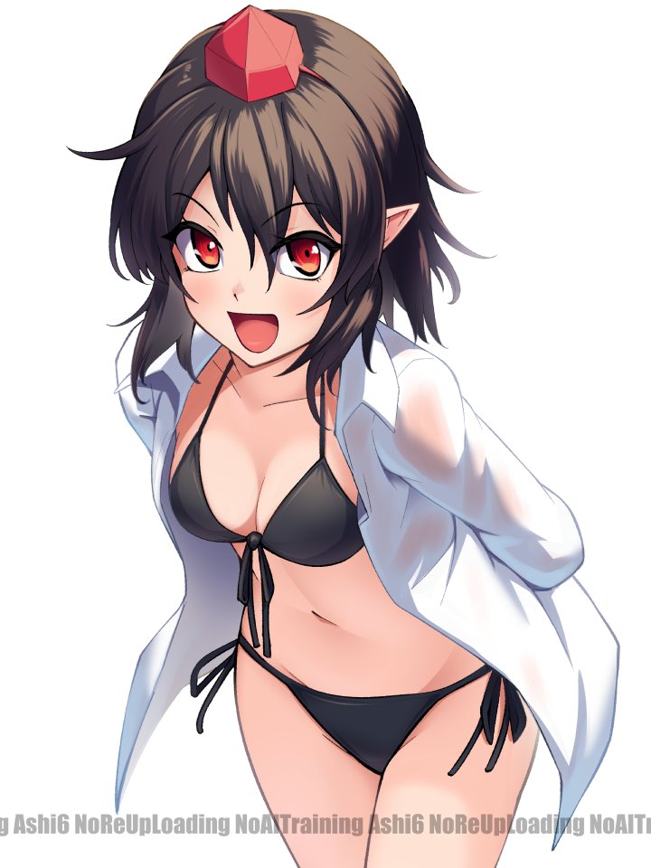 ashiroku (miracle hinacle), shameimaru aya, touhou, 1girl, arms behind back, bikini, black bikini, black hair, blush, breasts, front-tie bikini top, front-tie top, hair between eyes, hat, leaning forward, long sleeves, medium breasts, medium hair, navel, open clothes, open mouth, open shirt, pointy ears, red eyes, see-through clothes, shirt, side-tie bikini bottom, smile, solo, swimsuit, thighs, tokin hat, watermark, wet, wet clothes, wet shirt, white background, white shirt