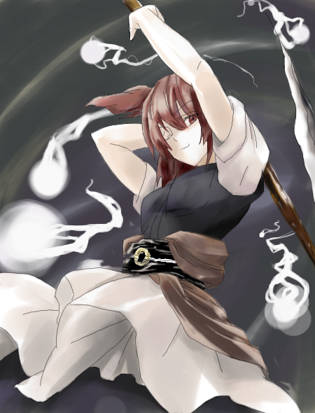 kajiki, onozuka komachi, touhou, 1girl, arms up, female focus, floating, from below, ghost, hitodama, holding, holding weapon, japanese clothes, kimono, looking at viewer, looking down, obi, oekaki, polearm, puffy short sleeves, puffy sleeves, red eyes, red hair, sash, short hair, short sleeves, solo, twintails, two side up, weapon