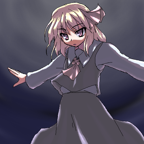 akiyasu, rumia, embodiment of scarlet devil, touhou, lowres, 1girl, ascot, blonde hair, female focus, hair ribbon, oekaki, outstretched arms, red eyes, ribbon, short hair, solo, spread arms, touhuya