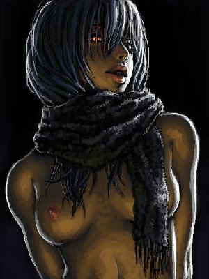 jonpei, original, silver hair, lowres, 1girl, arms at sides, breasts, female focus, glowing, glowing eyes, lips, naked scarf, nipples, nude, scarf, solo