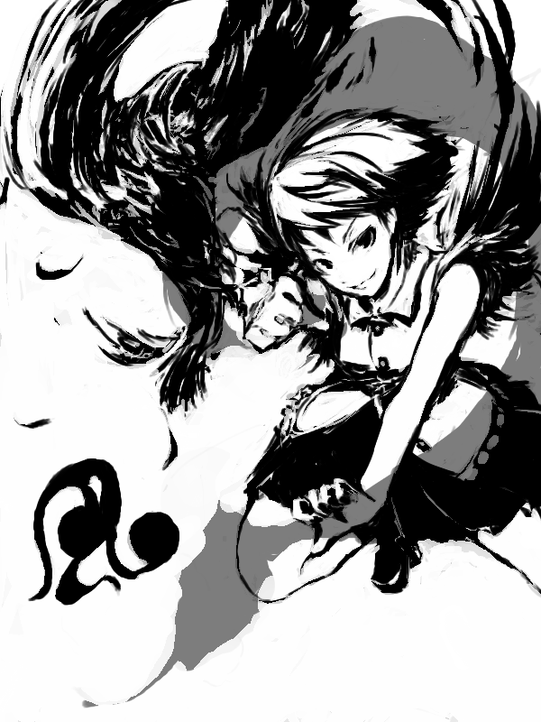 enpou, shameimaru aya, touhou, 1girl, dotfight, female focus, geta, greyscale, looking at viewer, monochrome, smile, solo, tengu-geta