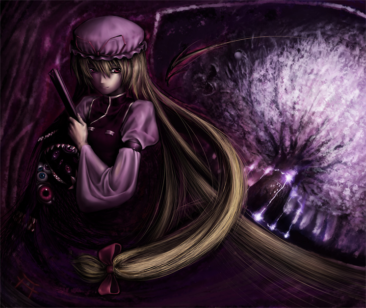 lain, yakumo yukari, touhou, 1girl, blonde hair, bow, female focus, folding fan, gap (touhou), hair bow, hand fan, hat, long hair, mob cap, nature, outdoors, plant, purple eyes, ribbon, solo, tree, very long hair