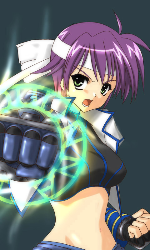 revolver knuckle, subaru nakajima, lyrical nanoha, mahou shoujo lyrical nanoha, mahou shoujo lyrical nanoha strikers, non-web source, 00s, green eyes, magic circle, midriff, purple hair, short hair, solo