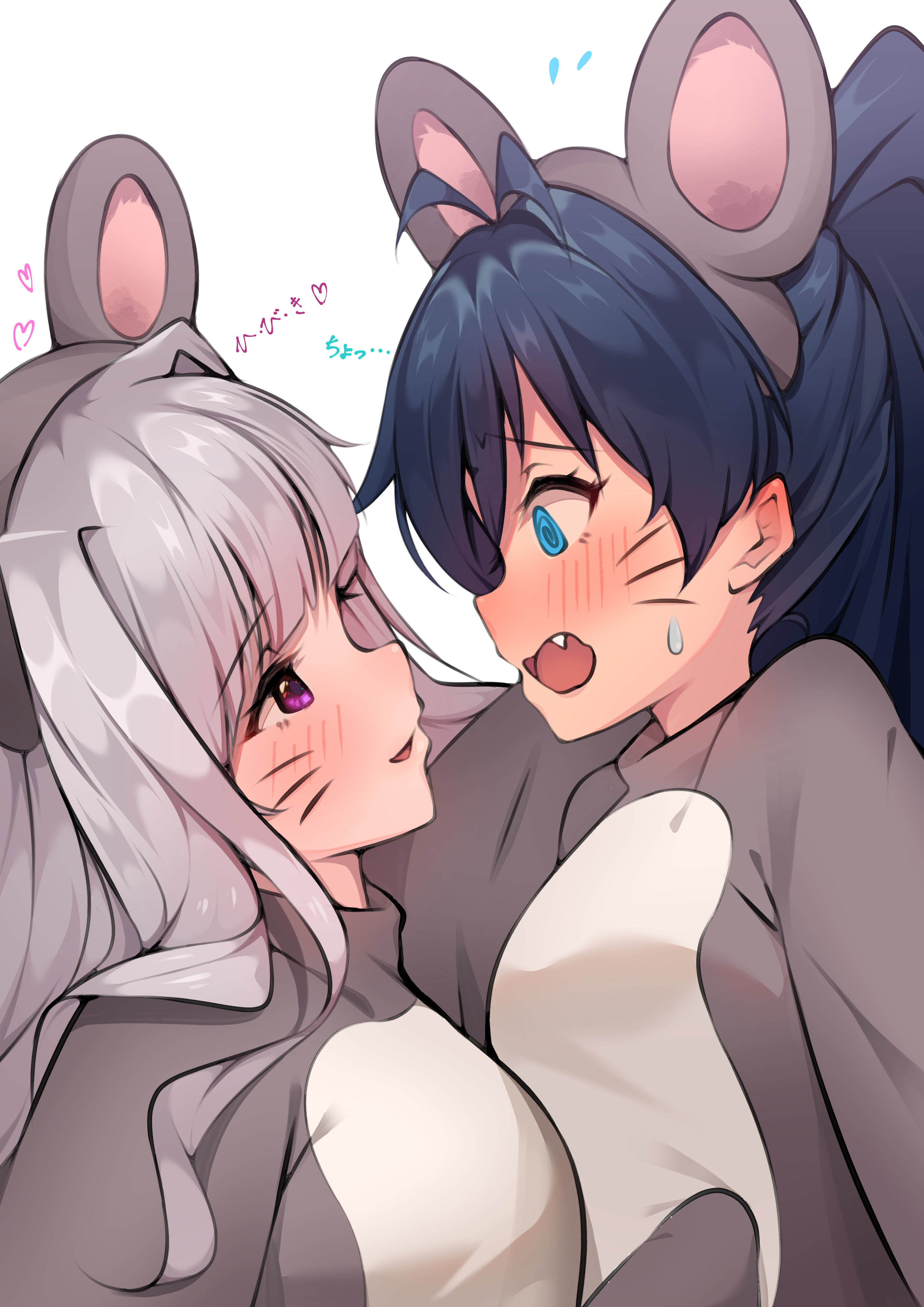 kyou (kyo u), ganaha hibiki, shijou takane, idolmaster, idolmaster (classic), absurdres, highres, translation request, 2girls, @ @, animal costume, animal ear hairband, animal ears, black hair, blue eyes, blush, eye contact, face-to-face, fake animal ears, fang, flying sweatdrops, from side, grey hair, hairband, heart, long hair, looking at another, mouse costume, mouse ears, multiple girls, open mouth, ponytail, profile, purple eyes, simple background, sweatdrop, upper body, whiskers, white background, yuri