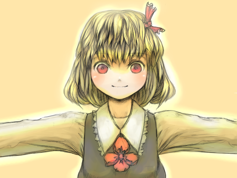 circlek, rumia, embodiment of scarlet devil, touhou, 1girl, blonde hair, female focus, hair ribbon, necktie, outstretched arms, red eyes, ribbon, short hair, solo, spread arms
