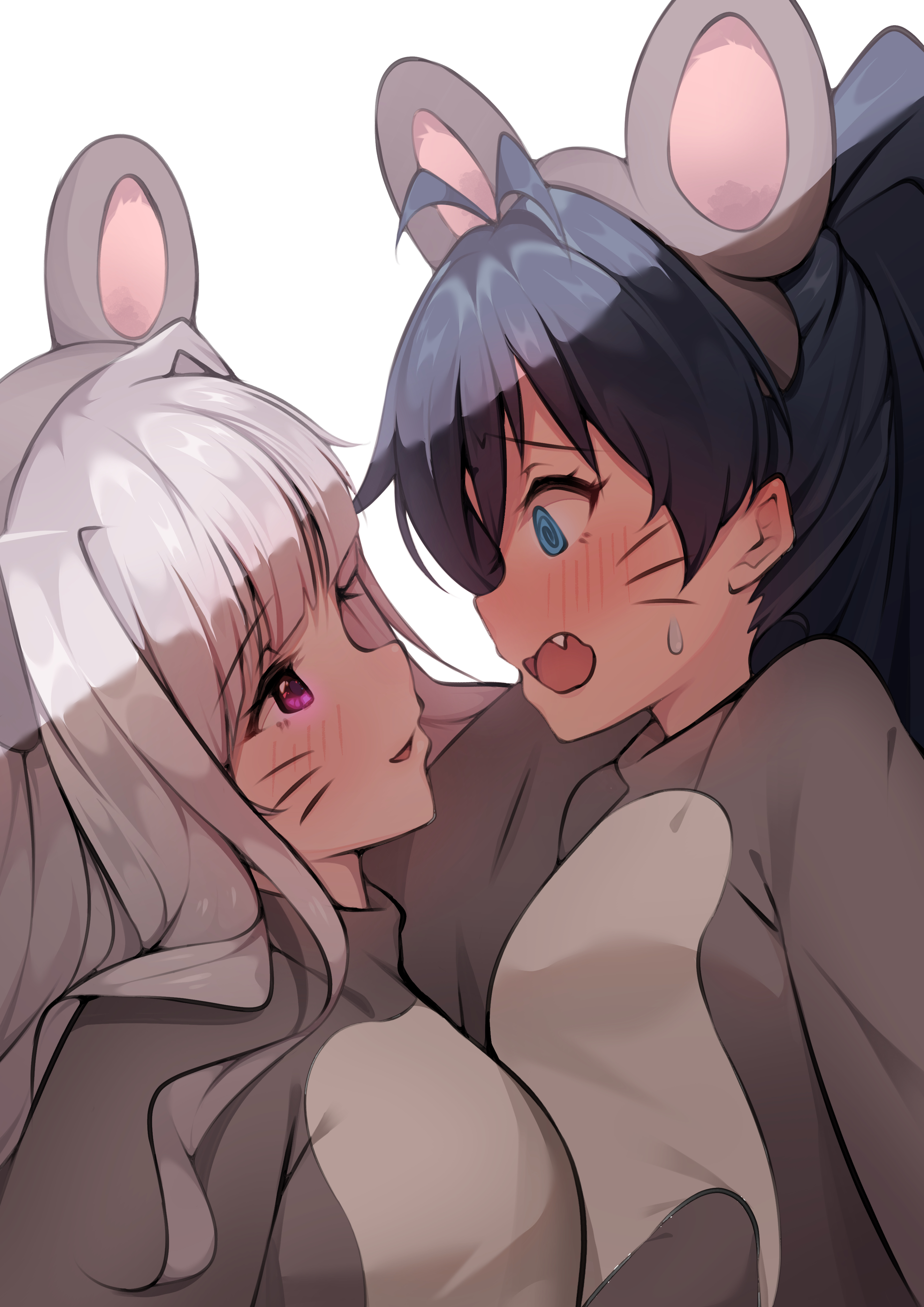 kyou (kyo u), ganaha hibiki, shijou takane, idolmaster, idolmaster (classic), absurdres, highres, 2girls, @ @, animal costume, animal ear hairband, animal ears, black hair, blue eyes, blush, eye contact, face-to-face, fake animal ears, fang, from side, grey hair, hairband, long hair, looking at another, mouse costume, mouse ears, multiple girls, open mouth, ponytail, profile, purple eyes, shadow, simple background, sweatdrop, upper body, whiskers, white background, yuri