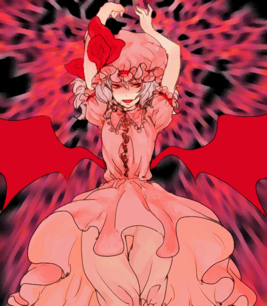egawa satsuki, remilia scarlet, touhou, silver hair, 1girl, arms up, bloomers, buttons, collar, dress, female focus, hat, looking at viewer, mob cap, pink dress, puffy short sleeves, puffy sleeves, red eyes, short hair, short sleeves, solo, standing, underwear, upskirt, white bloomers