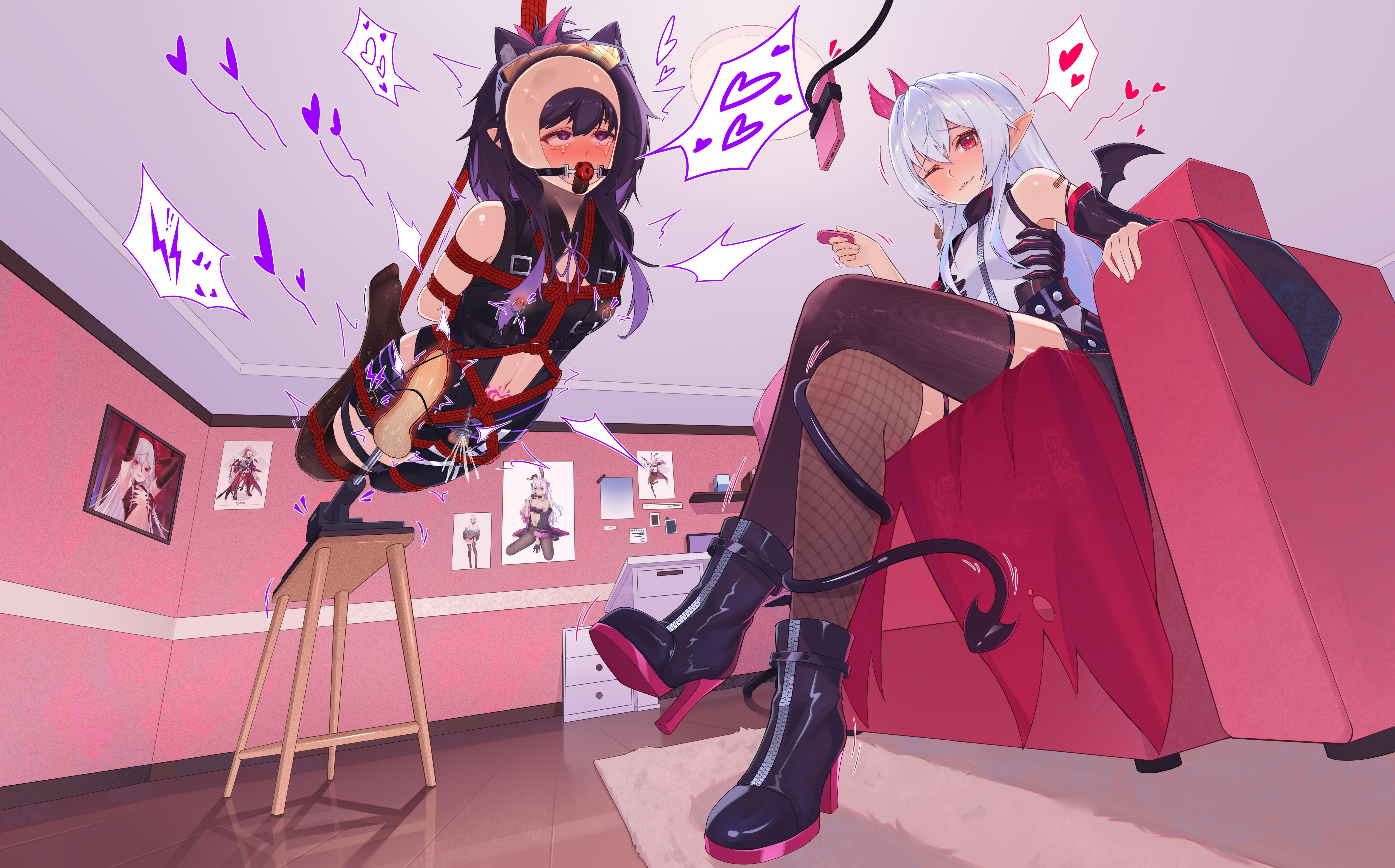 original, absurdres, highres, 1boy, 1girl, ahegao, anal, anal object insertion, animegao, arms behind back, ball gag, bare shoulders, bdsm, black thighhighs, boots, chastity cage, cosplay, couch, crying, crying with eyes open, cum, detached sleeves, dildo, eyewear on head, flat chastity cage, gag, gagged, glasses, grey hair, heart, heart-shaped pupils, high heel boots, high heels, hogtie, jianghuyemeng (midsummer), kigurumi, long hair, looking at viewer, navel, nipple piercing, object insertion, on couch, piercing, pointy ears, purple hair, red eyes, restrained, sex machine, sex toy, shibari, shibari over clothes, shirt, sitting, skindentation, small chastity cage, suspension, symbol-shaped pupils, tears, thighhighs, trap, white shirt, wiffle gag, zettai ryouiki