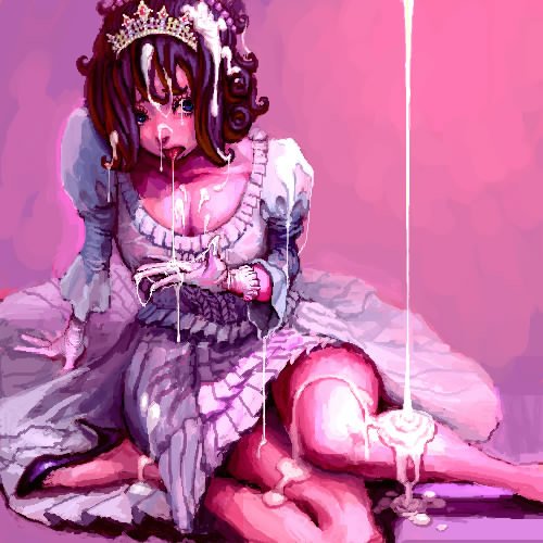 jonpei, lowres, 1girl, breasts, brown hair, cleavage, crown, curly hair, dress, female focus, gloves, gown, high heels, large breasts, milk, princess, shoes, short hair, solo, suggestive fluid, tiara