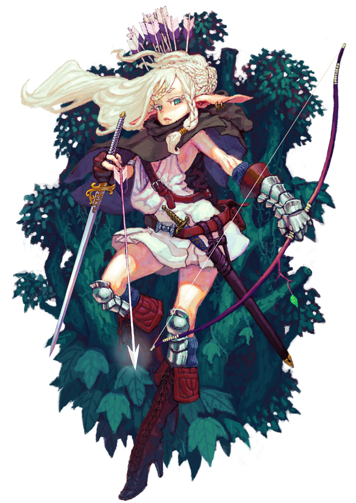 jonpei, pixiv fantasia, pixiv fantasia 1, 1girl, arrow (projectile), arrow in body, arrow in head, bow (weapon), braid, braided bun, cape, dagger, earrings, female focus, hair bun, jewelry, knife, leaf, object through head, pointy ears, solo, sword, tree, weapon