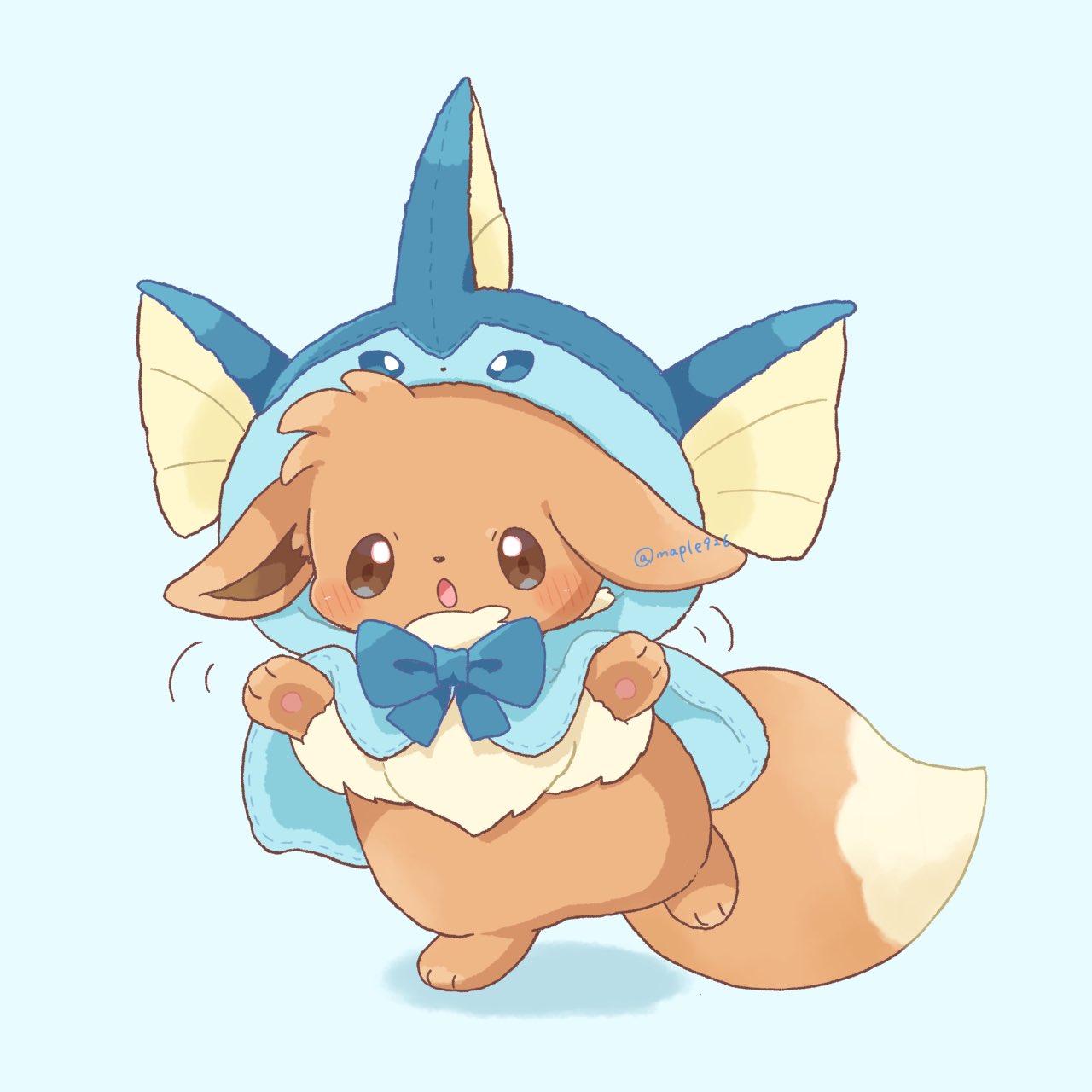 kana (maple926), eevee, vaporeon, nintendo, pokemon, commentary, highres, blue background, blue bow, blue bowtie, blush, bow, bowtie, brown eyes, cosplay, full body, gen 1 pokemon, no humans, open mouth, pokemon (creature), pokemon focus, simple background, solo, standing, twitter username, vaporeon (cosplay)