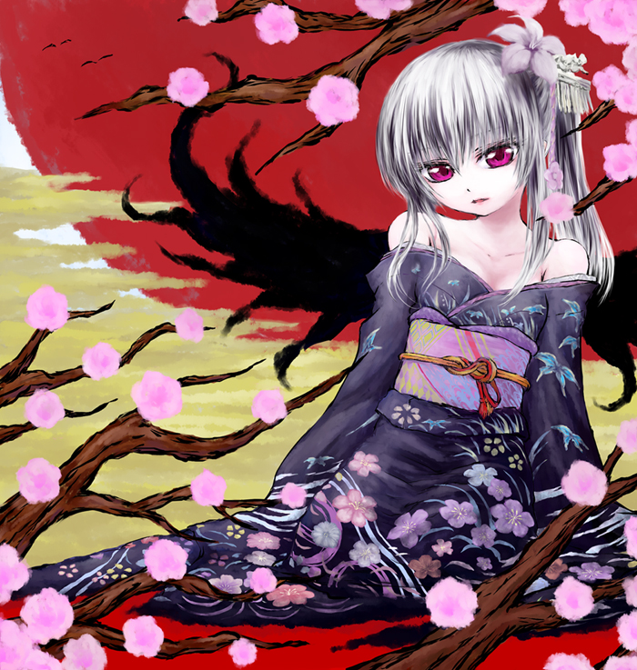 iseki, iseki (kuroshura no tabiji), iseki (otameshi), iseki (pixiv4655), suigintou, rozen maiden, silver hair, 00s, 1girl, bare shoulders, cherry blossoms, female focus, floral print, flower, japanese clothes, kimono, obi, off shoulder, pale skin, ponytail, purple eyes, sash, solo, wings