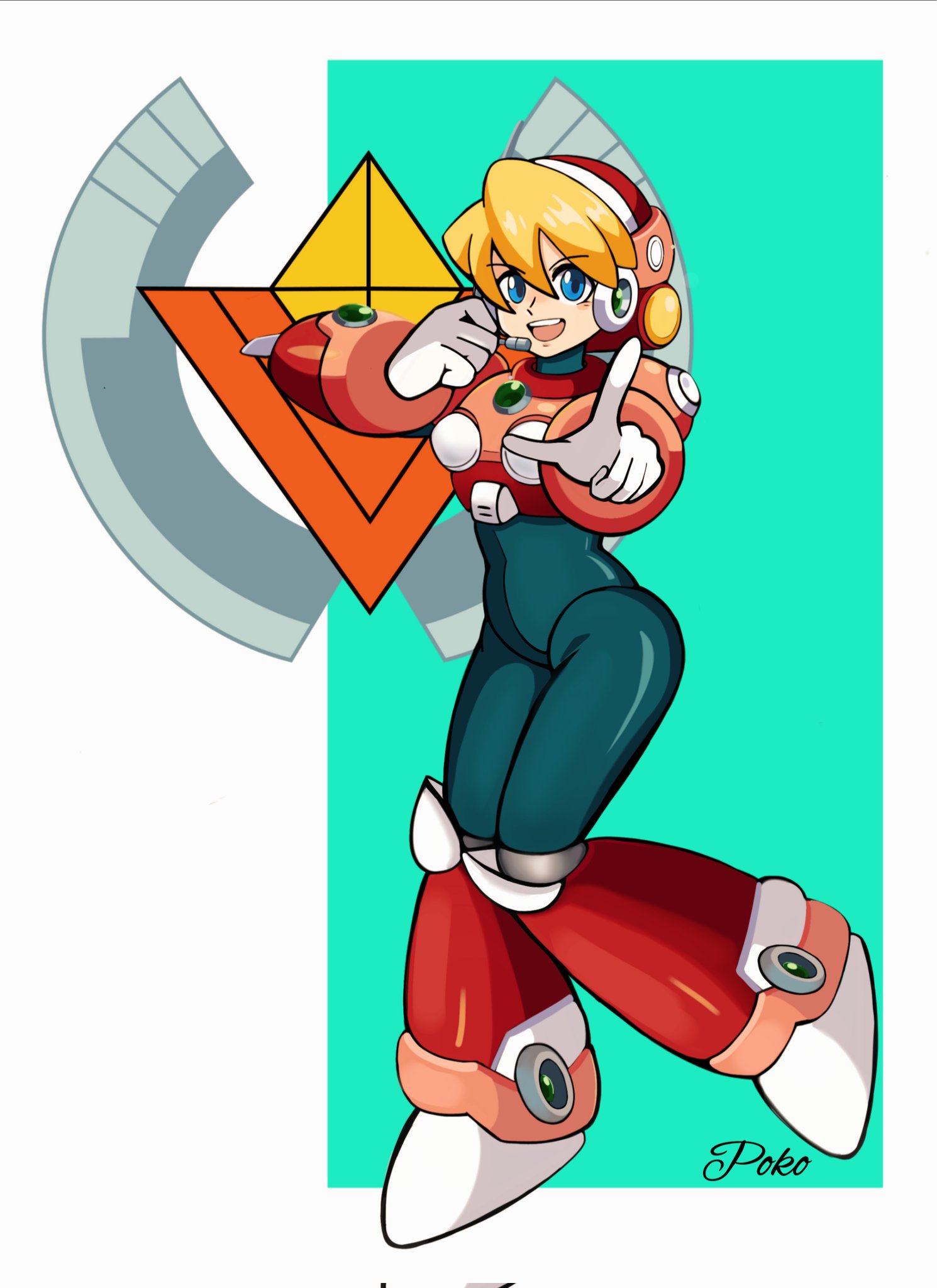 poko589, alia (mega man), mega man (series), mega man x (series), highres, 1girl, armor, artist name, blonde hair, blue eyes, full body, pink armor, pointing, pointing at viewer, solo, white background