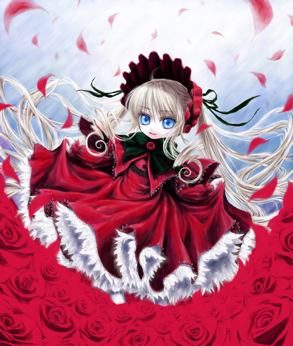 iseki, iseki (kuroshura no tabiji), iseki (otameshi), iseki (pixiv4655), shinku, rozen maiden, highres, 00s, 1girl, blonde hair, blue eyes, female focus, flower, long hair, petals, rose, solo, twintails