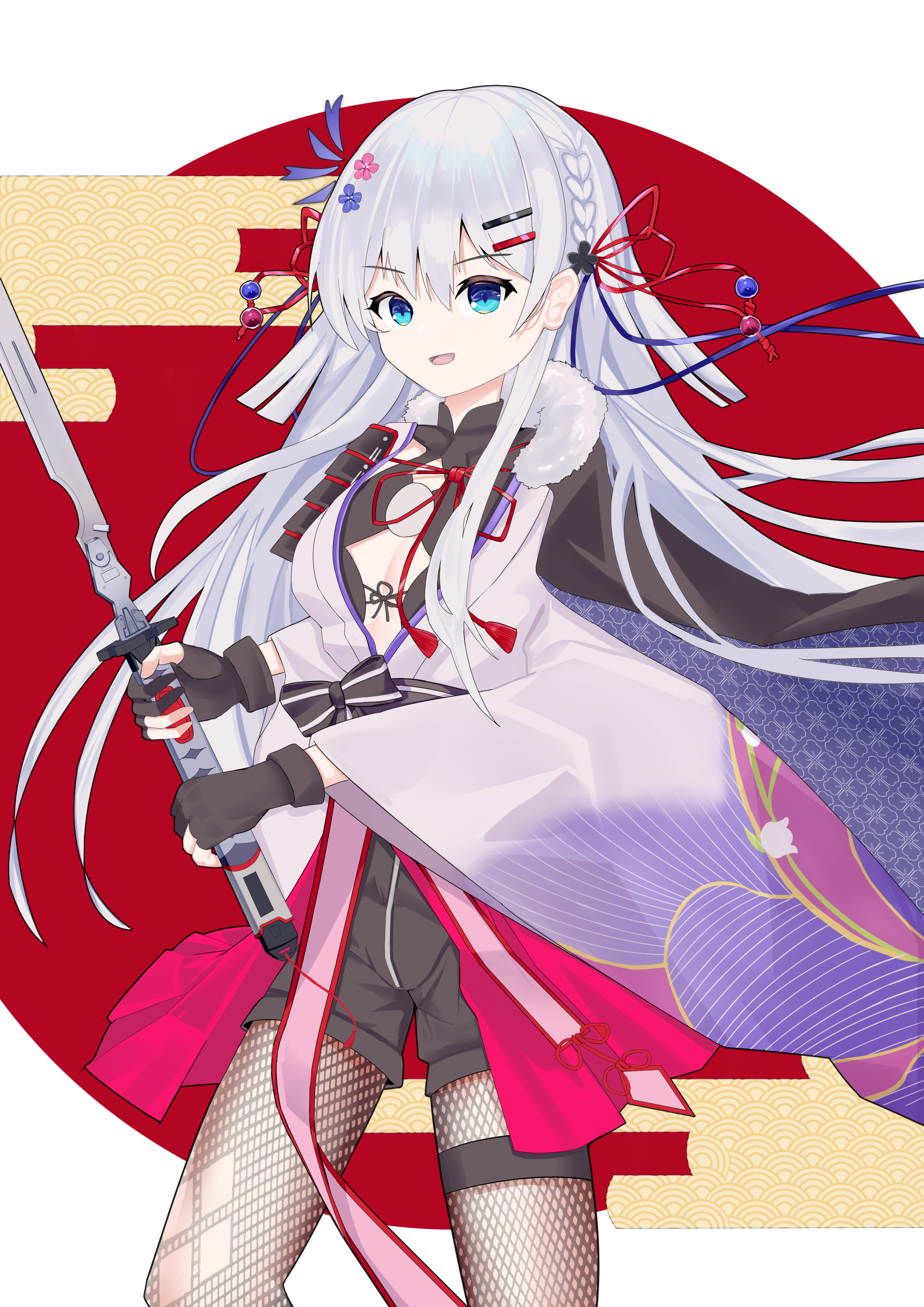 mamiya yuki, suzakuin nadeshiko, setsuna ni kakeru koi hanabi, absurdres, highres, 1girl, blue ribbon, braid, breasts, cleavage, floral print, hime cut, holding, holding sword, holding weapon, japanese clothes, red ribbon, ribbon, shorts, smile, sword, weapon, white hair, wide sleeves