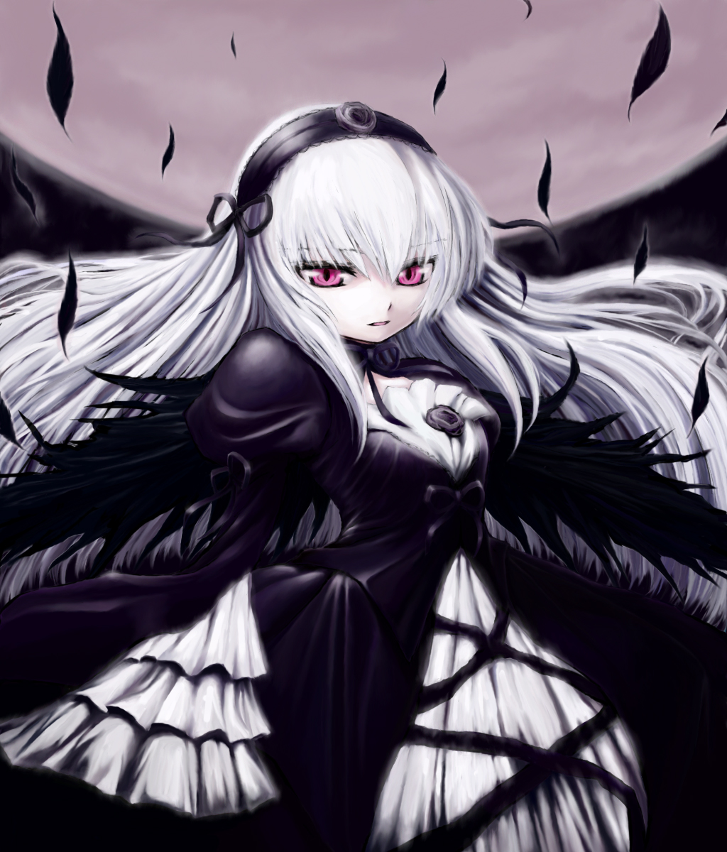 iseki, iseki (kuroshura no tabiji), iseki (otameshi), iseki (pixiv4655), suigintou, rozen maiden, highres, 00s, 1girl, feathers, female focus, long hair, pale skin, purple eyes, solo, white hair, wings