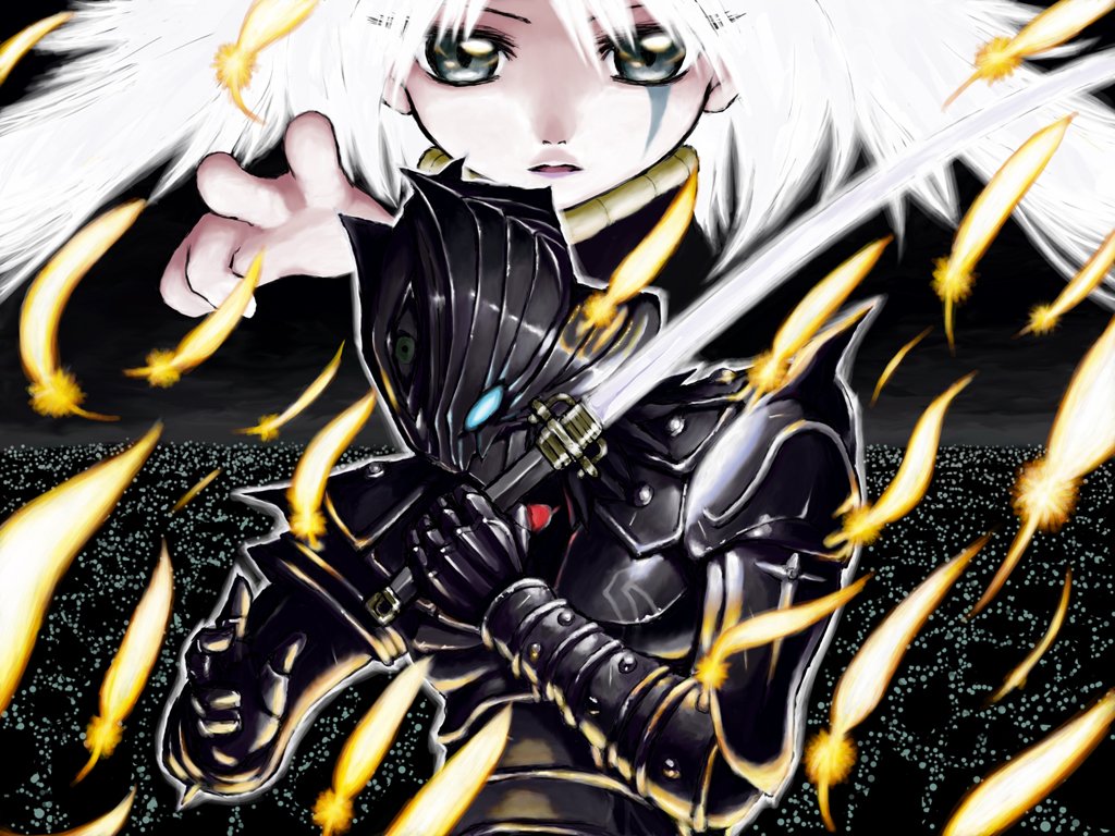 iseki, iseki (kuroshura no tabiji), iseki (otameshi), iseki (pixiv4655), yurine, otoha (karas), yurine (karas), karas, bad id, bad pixiv id, 00s, 1girl, armor, feathers, long hair, sword, weapon, white hair