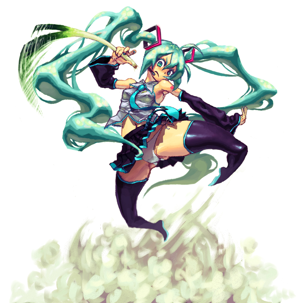 jonpei, hatsune miku, vocaloid, action, detached sleeves, green hair, long hair, necktie, panties, pantyshot, side-tie panties, solo, spring onion, thighhighs, twintails, underwear, very long hair
