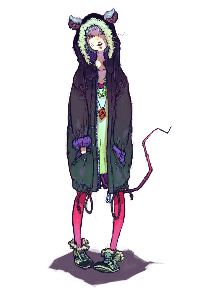 jonpei, original, 1girl, animal ears, buck teeth, female focus, jacket, mouse (animal), mouse ears, pantyhose, pink pantyhose, solo, tail, teeth, whiskers