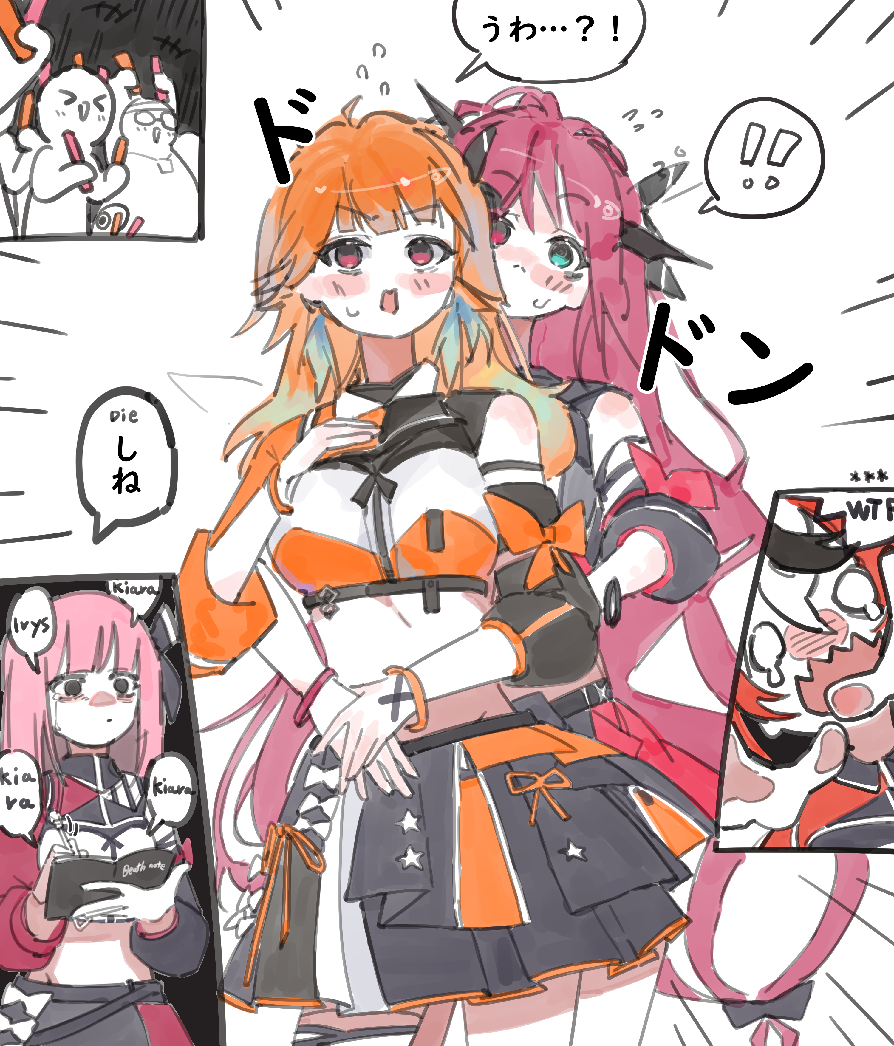 hakos baelz, irys (hololive), mori calliope, takanashi kiara, hololive, hololive english, cheating (relationship), coldplay kiss cam (meme), death note (object), long hair, parody, virtual youtuber