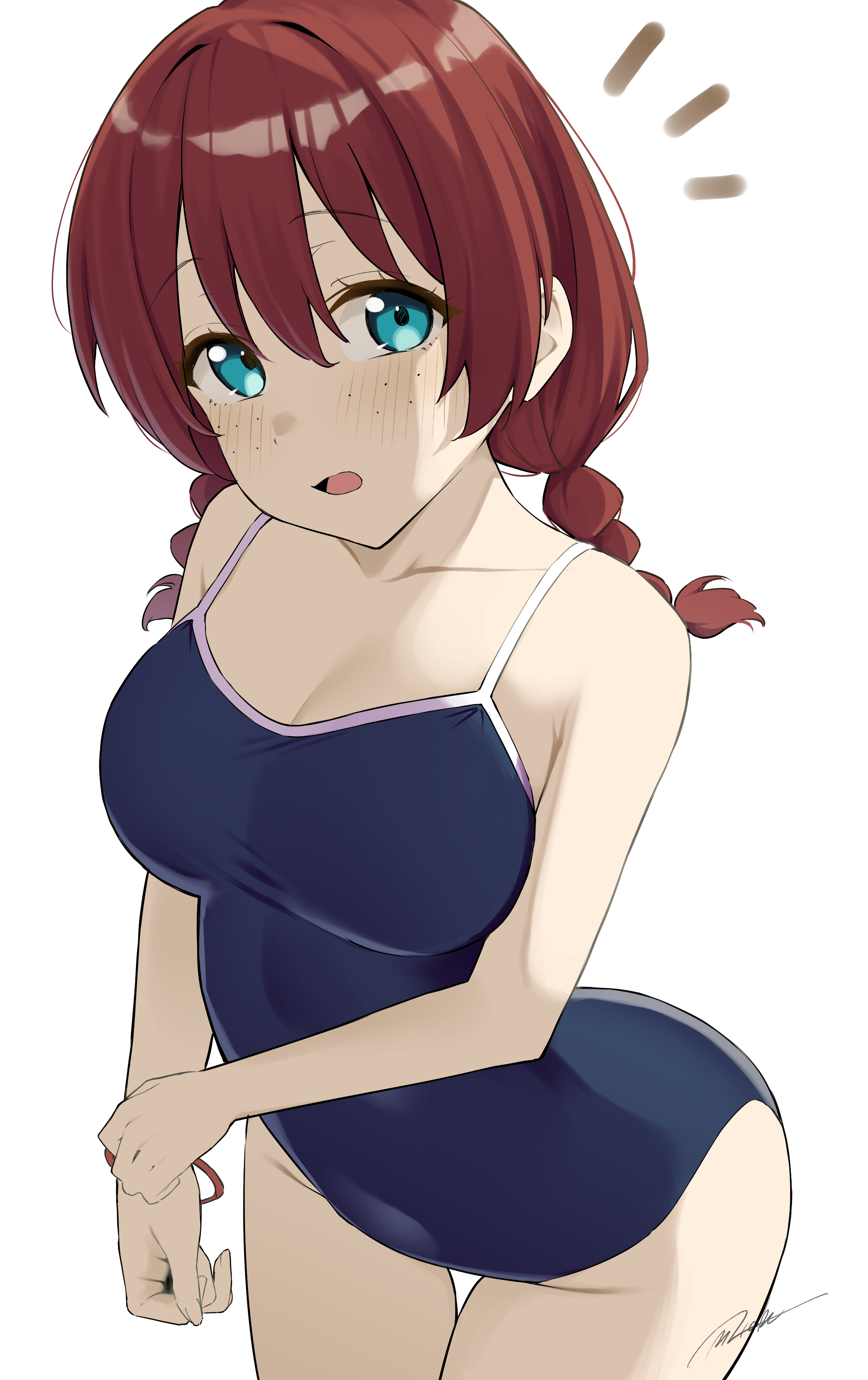 masami atabe, emma verde, love live!, love live! nijigasaki high school idol club, absurdres, highres, 1girl, blue eyes, blue one-piece swimsuit, braid, breasts, competition school swimsuit, cowboy shot, freckles, hair between eyes, long hair, looking at viewer, low twin braids, low twintails, medium breasts, notice lines, one-piece swimsuit, school swimsuit, simple background, solo, swimsuit, twin braids, twintails, white background