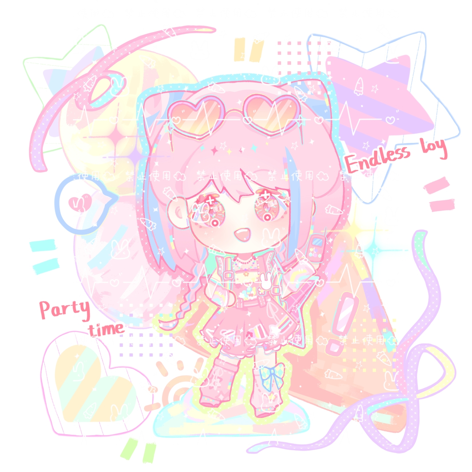 sweet rhapsody (infinity nikki), infinity nikki, nikki (series), highres, 1girl, bead necklace, beads, belt, blue bow, bow, bow legwear, braid, brown eyes, cellphone, chibi, chunxia qidong, cone hair bun, double bun, dress, english text, eyelashes, eyewear on head, hair bun, halftone, hand on own hip, happy, heart, heart-shaped eyewear, holding, holding phone, jewelry, leg warmers, light blush, long hair, looking at viewer, low twin braids, multicolored hair, necklace, notice lines, open mouth, orange-tinted eyewear, phone, pinafore dress, pink arm warmers, pink belt, pink dress, pink hair, pink leg warmers, pink shoes, plaid bow, pleated dress, purple-framed eyewear, rainbow print, sample watermark, shirt, shoes, short dress, short sleeves, sleeveless, sleeveless dress, smile, solo, standing, star (symbol), star necklace, streaked hair, sunglasses, tareme, teeth, tinted eyewear, twin braids, upper teeth only, watermark, watermark grid, white background, yellow shirt