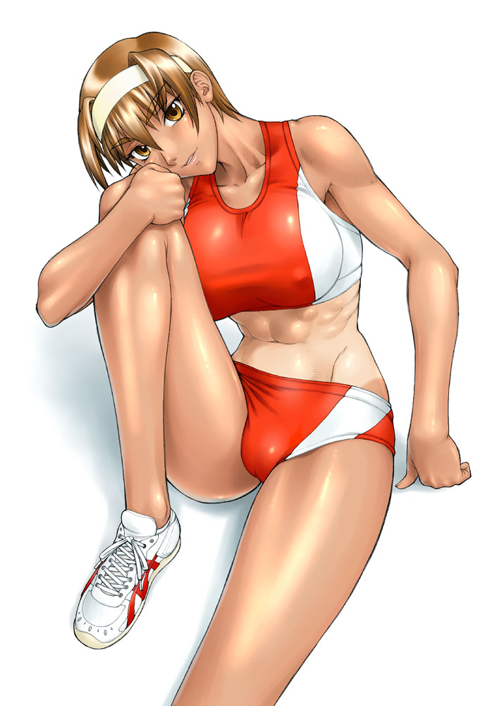 bang-you, kashiwagi azusa, kizuato, 1girl, abs, bra, breasts, brown eyes, brown hair, buruma, cleft of venus, covered erect nipples, female focus, hairband, huge breasts, large breasts, lingerie, midriff, muscular, one-piece tan, shiny skin, shoes, short hair, sneakers, solo, sports bra, tan, tanline, tomboy, toned, toned female, track and field, two-tone sports bra, underwear