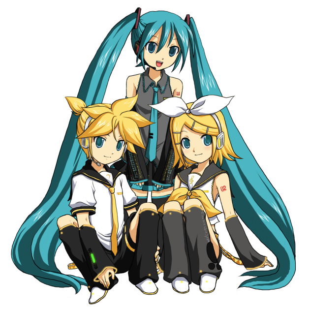 ginko (konekonoshippo), hatsune miku, kagamine len, kagamine rin, vocaloid, bad id, bad pixiv id, 1boy, 2girls, aqua hair, brother and sister, multiple girls, siblings, thighhighs, twins, twintails