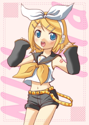 ginko (konekonoshippo), kagamine rin, vocaloid, bad id, bad pixiv id, lowres, 1girl, blonde hair, blue eyes, detached sleeves, female focus, short hair, shorts, solo