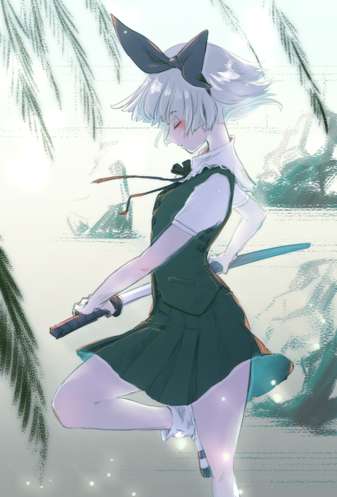 demekko-222, konpaku youmu, touhou, 1girl, black shoes, closed eyes, closed mouth, collared shirt, expressionless, from side, green skirt, green vest, hairband, holding, holding sword, holding weapon, katana, leaf, legs, rock, shirt, shoes, short hair, short sleeves, skirt, socks, solo, standing, standing on one leg, sword, thighs, vest, weapon, white hair, white shirt, white socks