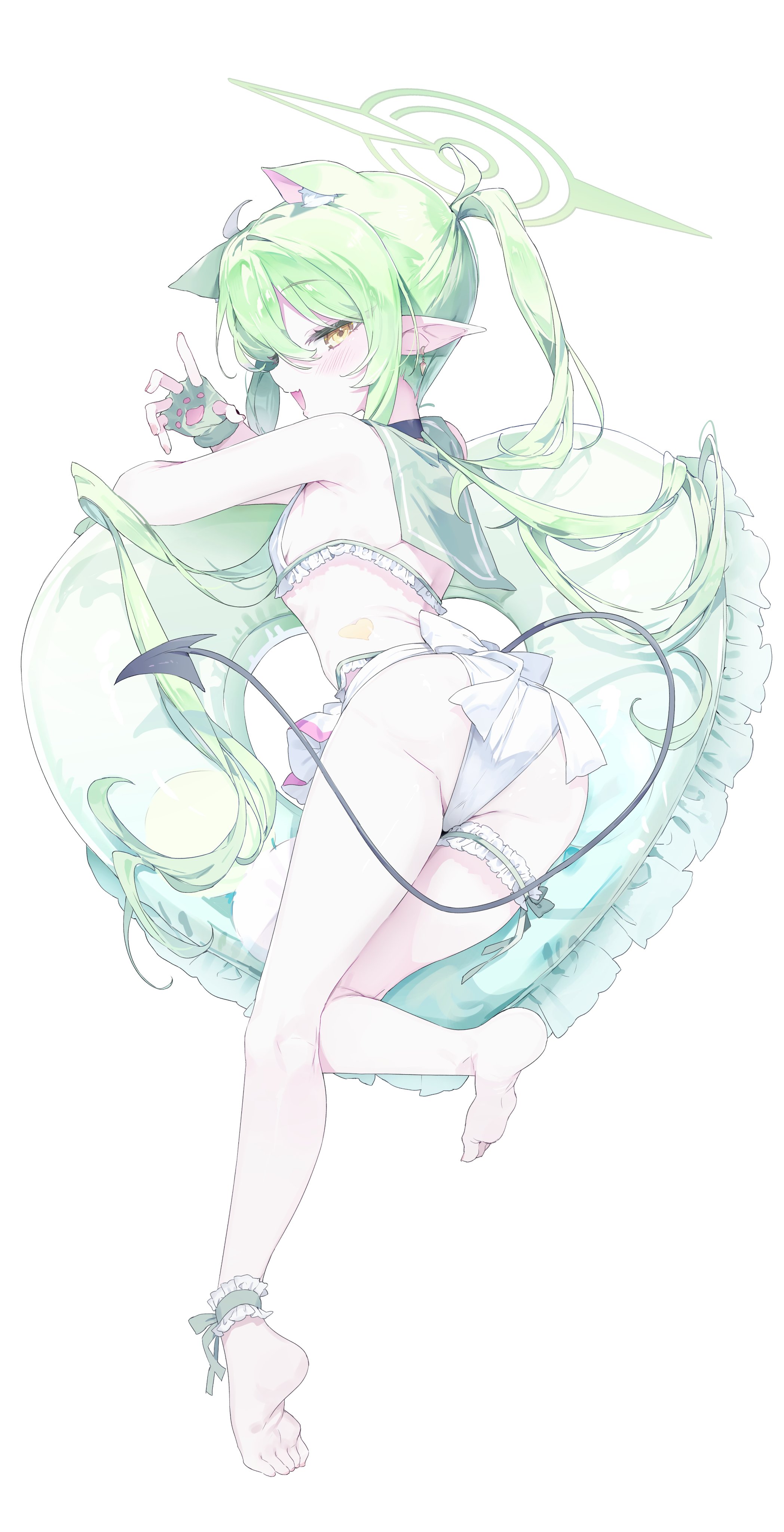 meunhongcha, nozomi (blue archive), blue archive, absurdres, highres, 1girl, animal ears, ass, barefoot, bikini, blush, breasts, cat ears, demon tail, extra ears, feet, frilled bikini, frills, full body, green hair, green halo, halo, holding, innertube, long hair, looking at viewer, looking back, open mouth, pointy ears, sailor bikini, sailor collar, simple background, small breasts, soles, solo, swim ring, swimsuit, tail, toes, transparent background, white background, white bikini, yellow eyes