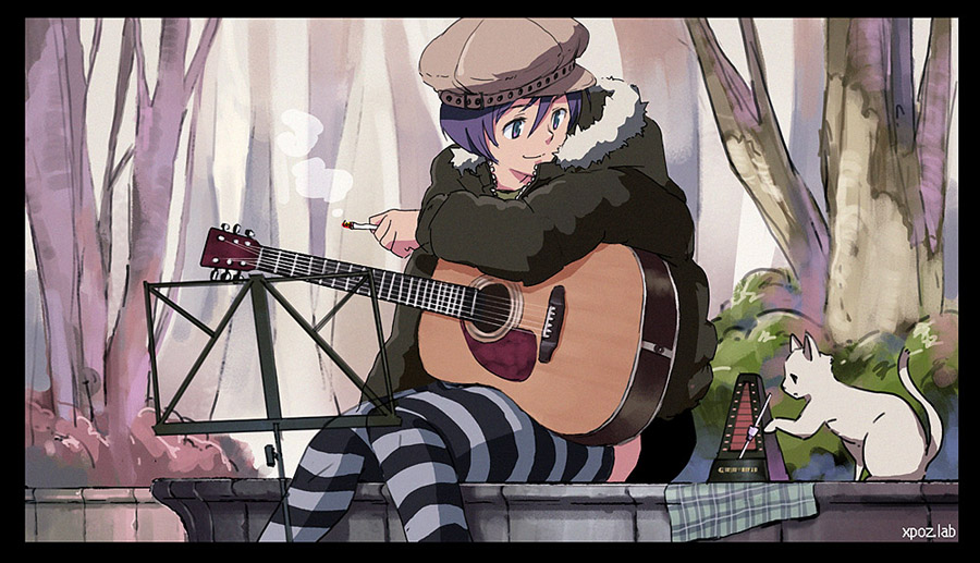 kikuchi, kikuchi (xpoz), 1girl, acoustic guitar, cat, cigarette, female focus, guitar, hat, instrument, jacket, metronome, purple hair, short hair, solo, striped clothes, striped thighhighs, thighhighs, tree, xpoz