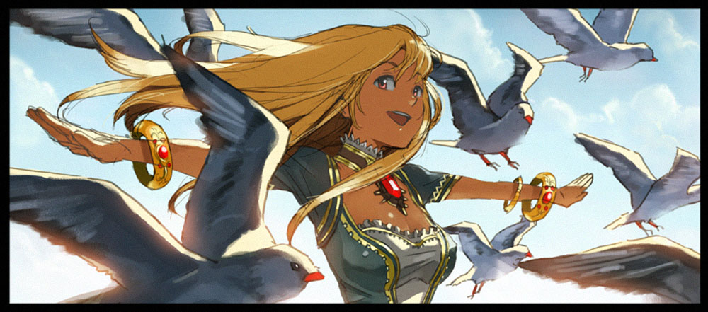 kikuchi, kikuchi (xpoz), 1girl, animal, bird, blonde hair, bracelet, cloud, day, female focus, jewelry, red eyes, solo, wind, xpoz