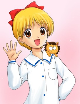 ginko (konekonoshippo), nonohara himeko, pokota, pokota (hime-chan no ribbon), hime-chan no ribbon, eyebrows, lowres, 1girl, :d, blonde hair, blush, brown eyes, buttons, creature, long sleeves, looking at viewer, on shoulder, open mouth, size difference, smile, spread fingers, waving