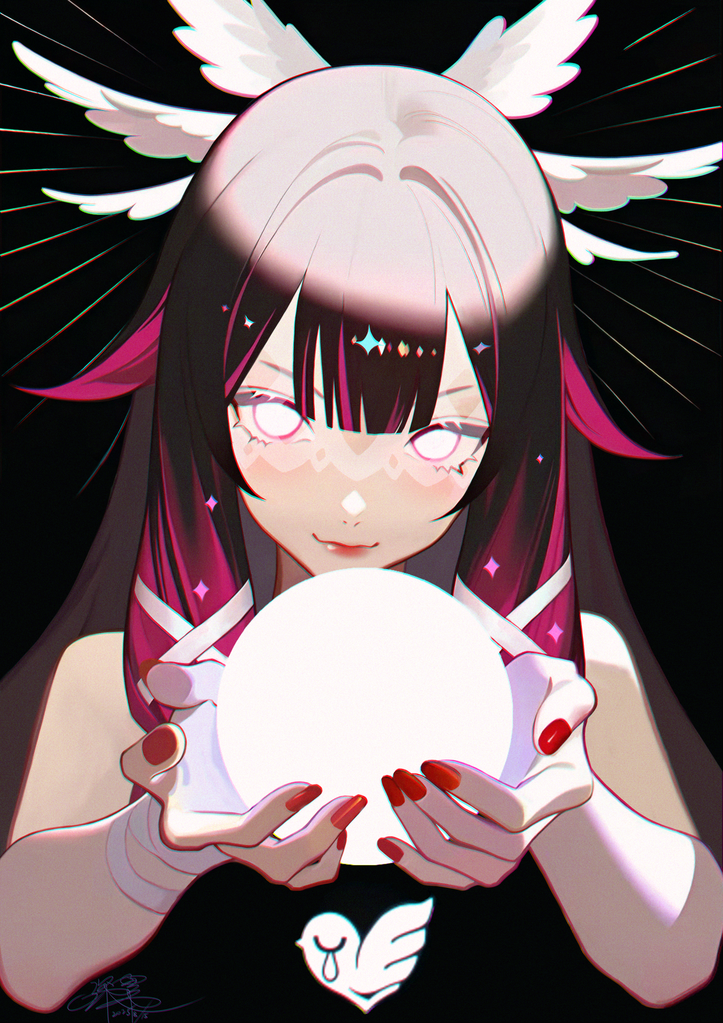shendi 2021, columbina (genshin impact), genshin impact, absurdres, highres, 1girl, black hair, closed mouth, feathered wings, feathers, head wings, holding, holding globe, looking at viewer, pink hair, red nails, sidelocks, smile, solo, wings