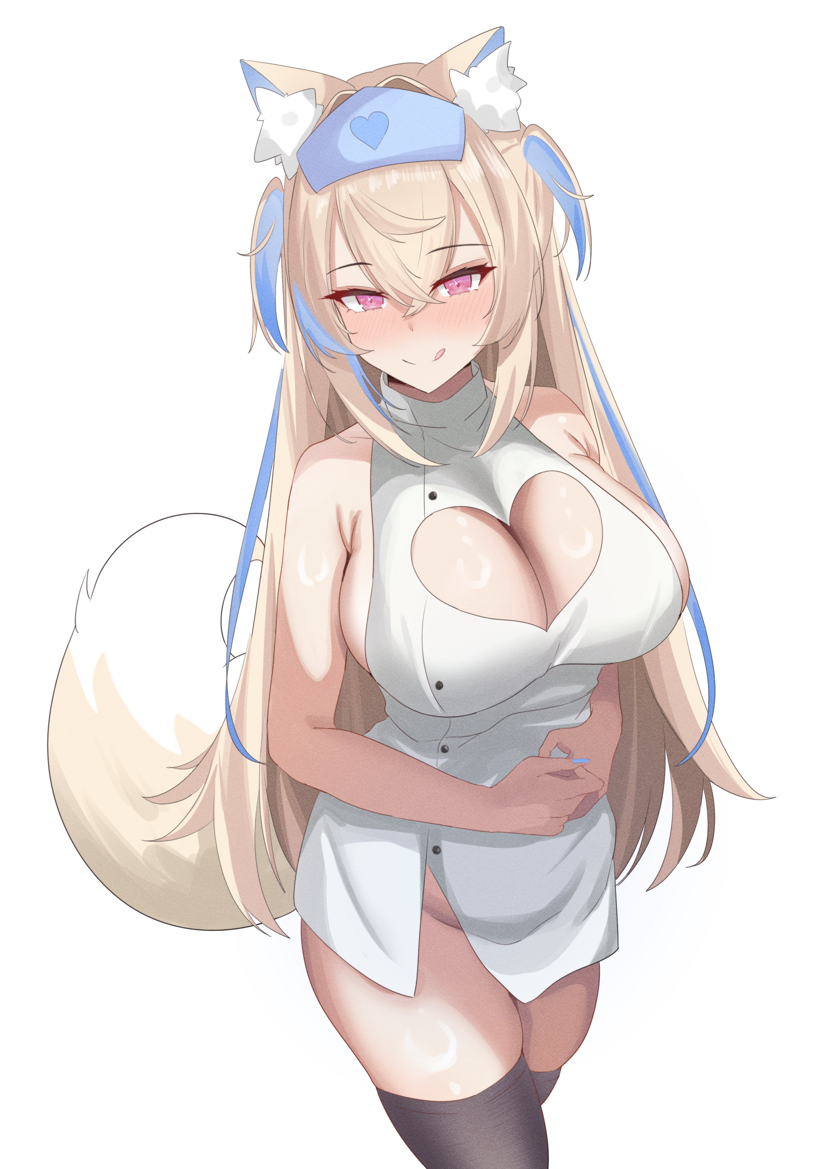 sasaki ikuya, fuwawa abyssgard, hololive, hololive english, absurdres, highres, 1girl, animal ear fluff, animal ears, bare shoulders, blonde hair, blue hair, blush, breasts, cleavage, cleavage cutout, clothing cutout, cowboy shot, dog ears, dog girl, dog tail, dress, hat, large breasts, multicolored hair, nurse cap, pink eyes, simple background, solo, tail, tongue, tongue out, two-tone hair, two side up, virtual youtuber, white background, white dress