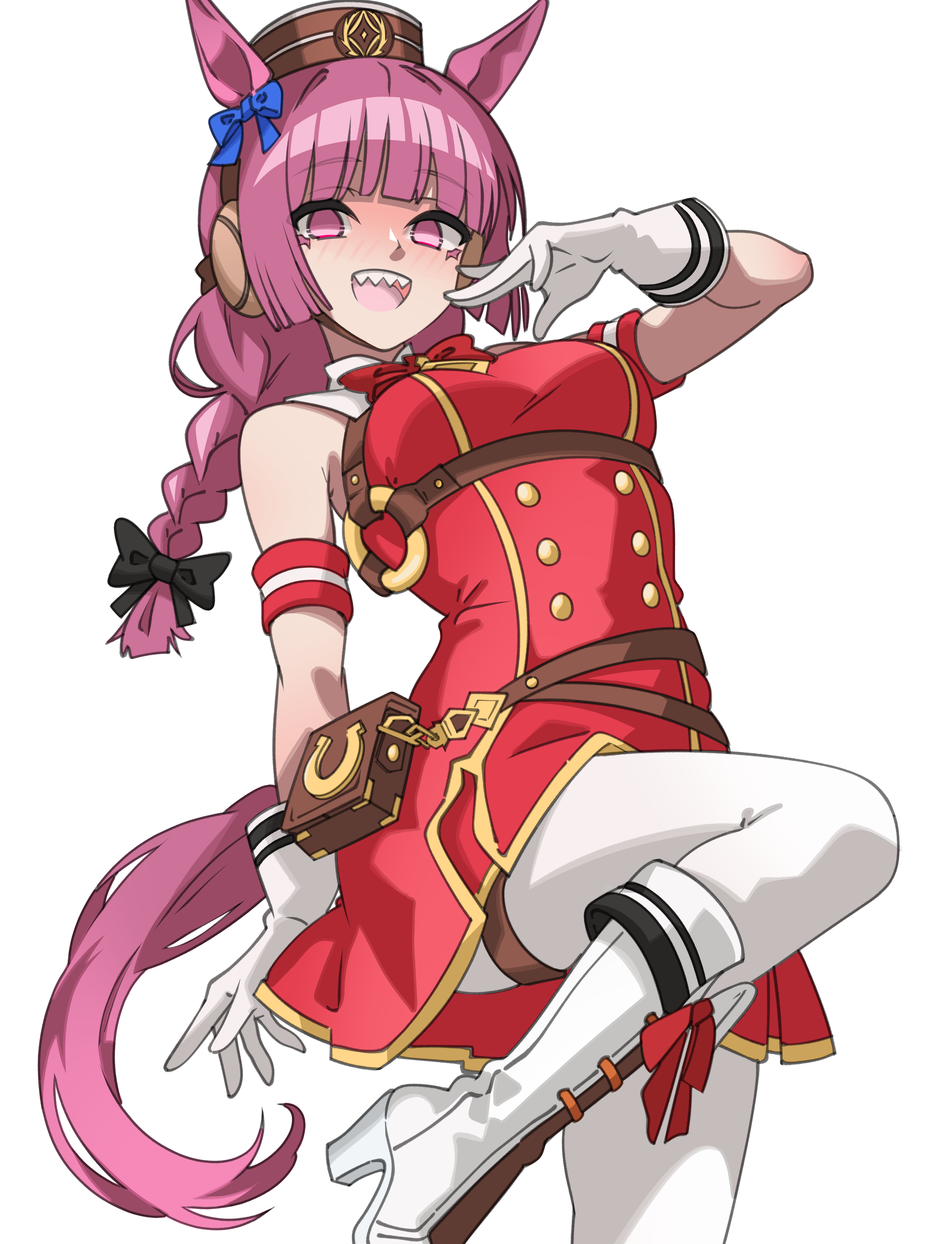 ghuler, gold ship (umamusume), hiroi kikuri, bocchi the rock!, umamusume, absurdres, highres, 1girl, alternate costume, animal ears, blue bow, boots, bow, brown hat, cosplay, dress, extra ears, gloves, gold ship (umamusume) (cosplay), hat, high heel boots, high heels, horse ears, horse tail, knee boots, long braid, long hair, open mouth, pantyhose, purple eyes, purple hair, red bow, red dress, sharp teeth, sidelocks, sleeveless, sleeveless dress, solo, standing, standing on one leg, tail, teeth, upper teeth only, white boots, white gloves, white pantyhose