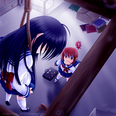 kaze-hime, lowres, !, 2girls, asphyxiation, bag, covering own mouth, death, hanged, hanging, long hair, multiple girls, noose, rope, school bag, school uniform, serafuku, short hair, suicide, surprised, thighhighs