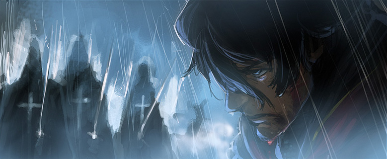 kikuchi, kikuchi (xpoz), 1boy, blood, cross, latin cross, male focus, piece of images, rain, solo, sword, weapon, xpoz