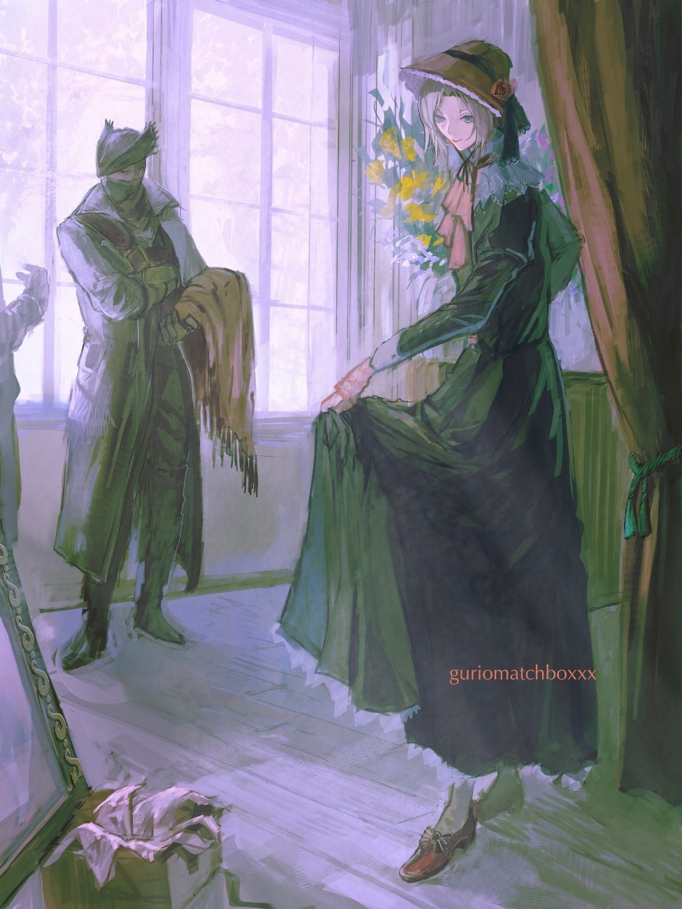 guri otoko, hunter (bloodborne), plain doll, bloodborne, highres, 1boy, 1girl, ascot, bonnet, boots, cloak, coat, hat, holding, long hair, long sleeves, smile, standing, tricorne, white hair