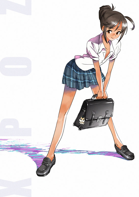 kikuchi, kikuchi (xpoz), original, 1girl, ahoge, bag, black hair, brown eyes, female focus, leaning forward, loafers, no socks, open clothes, open shirt, plaid clothes, plaid skirt, school bag, school uniform, serafuku, shirt, shoes, skirt, solo, xpoz