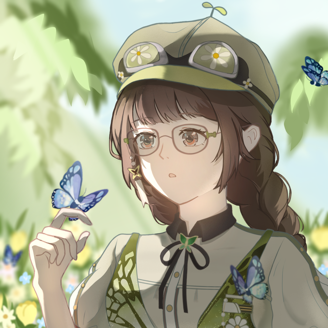 forest fluttering (infinity nikki), infinity nikki, nikki (series), 1girl, animal print, blue butterfly, blue flower, blue sky, braid, breast pocket, brown-framed eyewear, brown eyes, brown hair, brown ribbon, bug, bush, butterfly, butterfly on hand, butterfly print, buttons, collared shirt, daisy (flower), day, expressionless, eyelashes, floral print, flower, glasses, goggles, goggles on headwear, green-tinted eyewear, green hat, green vest, hat, insect, jianjidan buboke, long hair, looking ahead, low twin braids, neck ribbon, newsboy cap, nostrils, open mouth, outdoors, pink flower, pocket, pointy nose, puffy short sleeves, puffy sleeves, ribbon, shirt, short sleeves, sky, solo, sprout on head, tinted eyewear, tree, tulip, twin braids, upper body, vest, white-framed eyewear, white flower, white shirt, yellow flower
