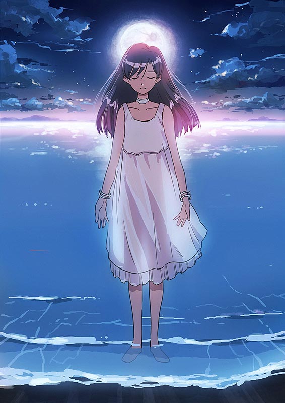 kikuchi, kikuchi (xpoz), kisaragi chihaya, idolmaster, idolmaster (classic), idolmaster 1, 00s, 1girl, barefoot, beach, bracelet, closed eyes, cloud, dress, female focus, jewelry, moon, night, ocean, outdoors, see-through clothes, sky, solo, wading, water, white dress