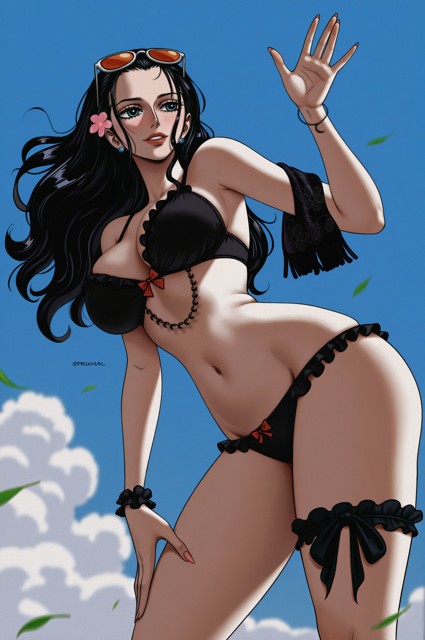 prixmal, nico robin, one piece, highres, 1girl, armpit peek, artist name, bare shoulders, bikini, black bikini, black hair, blue eyes, blue sky, blush, bow, bow bra, bow panties, bra, bracelet, breasts, cloud, collarbone, contrapposto, day, eyewear on head, falling leaves, fingernails, floating hair, flower, frilled bikini, frilled thigh strap, frilled wristband, frills, groin, hair flower, hair ornament, hand on own thigh, jewelry, large breasts, leaf, long fingernails, long hair, looking afar, nail polish, narrow waist, navel, orange-tinted eyewear, outdoors, panties, parted lips, pink nails, red bow, sky, solo, stomach, sunglasses, sunlight, swimsuit, thigh strap, thighs, tinted eyewear, underwear, waving, wavy hair, white-framed eyewear, wide hips, wind, wristband
