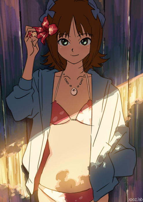 kikuchi, kikuchi (xpoz), amami haruka, idolmaster, idolmaster (classic), idolmaster 1, 00s, 1girl, bikini, bow, brown hair, female focus, flat chest, flower, green eyes, hair ribbon, hand in pocket, hibiscus, jacket, jewelry, necklace, ribbon, short hair, sleeves pushed up, smile, solo, swimsuit